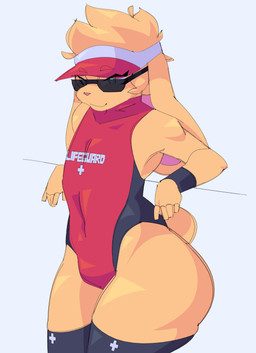 arm_support athletic athletic_male bedroom_eyes big_butt black_clothing black_legwear black_stockings blonde_hair blue_eyes bulge butt clothed clothing eyebrow_through_hair eyebrows eyelashes eyelashes_through_hair eyewear femboy fluffy fluffy_tail fur hair hat headgear headwear leaning_on_elbow legwear lifeguard long_ears male narrowed_eyes navel one-piece_swimsuit pink_body pink_nose pink_skin red_clothing seductive short_hair simple_background skimpy small_nose small_tail small_waist smile solo stockings sunglasses swimwear tail tan_body tan_fur text text_on_clothing text_on_swimwear thick_thighs thigh_highs translucent translucent_hair visor_cap wide_hips wristband cytrusawa lagomorph leporid mammal rabbit absurd_res colored english_text hi_res