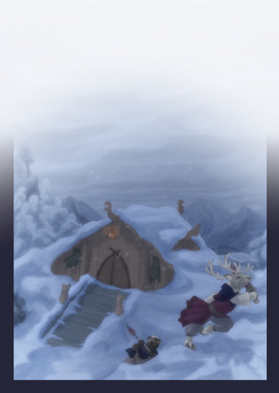 anthro biped brown_body brown_fur building clenched_teeth clothed clothing day duo fur grey_body grey_fur holding_object house male melee_weapon outside polearm sky snow snowing spear sword teeth weapon bjekkergauken deer mammal 2025 colored comic hi_res
