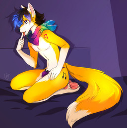 anthro black_hair bulge clothing countershading femboy hair kerchief male multicolored_clothing multicolored_kerchief note paws pose rainbow_clothing rainbow_kerchief ribbons seductive solo suggestive thong underwear lotusgarden canid canine fox mammal digital_media_(artwork) hi_res