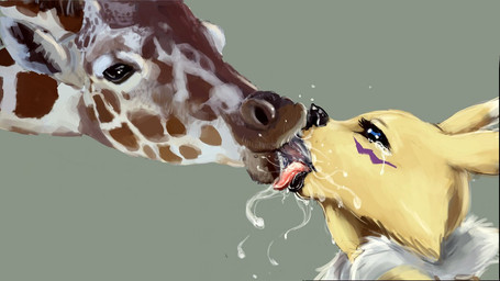 16:9 ambiguous_gender anthro anthro_on_feral bestiality black_nose black_sclera blue_eyes brown_fur brown_nose canine deep_tongue digimon drooling duo extreme_french_kiss female feral fox french_kissing fur giraffe grey_background interspecies kissing looking_up mammal messy open_mouth purple_fur renamon saliva shadow shiny simple_background size_difference tongue tongue_out ungulatr white_fur yellow_fur

Rating: Questionable
Score: 48
User: WiiFitTrainer
Date: October 25, 2013
