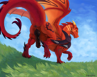 animal_genitalia animal_penis anus black_penis butt claws cloud digitigrade erection feet feral finger_claws genital_slit genitals grass grass_field grey_anus horn knot knotted_penis light long_neck looking_at_viewer low-angle_view male male_feral markings membrane_(anatomy) membranous_wings non-canine_knot orange_wings outside penis plant presenting presenting_anus presenting_hindquarters presenting_penis purple_markings purple_scarf purple_spikes quadruped raised_leg raised_tail red_body red_scales red_spikes scales scarf sky smile solo standing sunlight tail tail_anus toe_claws wings yellow_markings yellow_spikes jupizoro european_mythology mythology dragon mythological_creature mythological_scalie scaled_dragon scalie western_dragon hi_res