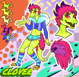 anthro clothed clothing feathers green_body hair partially_clothed pink_hair simple_background solo text bardo_en_krisis animal_humanoid dinosaur dinosaur_humanoid dromaeosaurid feathered_dinosaur feathered_scalie humanoid prehistoric_species reptile reptile_humanoid saurischian scalie scalie_humanoid theropod velociraptor absurd_res hi_res