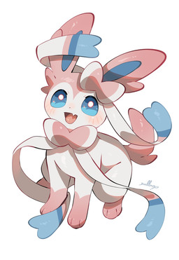ambiguous_gender blue_eyes blue_inner_ear blush bow_ribbon cute_fangs fangs feral fur gloves_(marking) leg_markings markings multicolored_body multicolored_fur open_mouth open_smile paws pink_body pink_fur pink_tail ribbons simple_background smile socks_(marking) solo tail teeth two_tone_body two_tone_fur white_background white_body white_fur nullma nintendo pokemon eeveelution generation_6_pokemon mammal pokemon_(species) sylveon 2026 digital_media_(artwork) hi_res signature