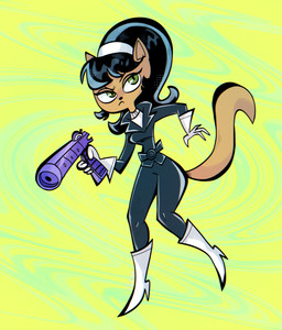 abstract_background accessory anthro black_hair boots clothing female footwear frown gloves green_eyes hair hair_accessory hairband handwear high_heeled_boots high_heels jacket leather leather_clothing leather_jacket leather_topwear pupils ranged_weapon raygun shoes slit_pupils standing sweater tan_body topwear turtleneck weapon wide_hips catinyt nickelodeon t.u.f.f._puppy kitty_katswell domestic_cat felid feline felis mammal 2026 absurd_res colored full-length_portrait hi_res portrait shaded