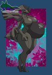 anthro belly big_belly black_body blush breasts female pregnant pregnant_anthro pregnant_female simple_background solo tail text arceus_tummy nintendo pokemon generation_5_pokemon legendary_pokemon pokemon_(species) zekrom absurd_res english_text hi_res