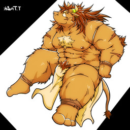 anthro barazoku bottomwear brown_body brown_fur bulge clothing fur horn humanoid_hands kemono loincloth male muscular muscular_anthro muscular_male nipples scar simple_background solo text suishou0602 bovid bovine cattle mammal 1:1 2015