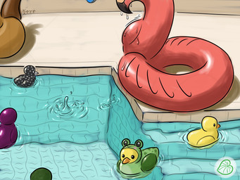 ambiguous_gender beak black_beak_tip black_body detailed_background dripping feral floating frog_costume green_body group larger_pred metallic_body motion_lines neck_bulge object_pred oblivious oral_vore orange_beak outside pink_body polka_dots pool_ring pool_toy purple_body ripples rubber_duck size_difference spots swallowing swimming_pool unseen_prey vore water water_drop water_droplets white_beak white_spots yellow_body kava_(artist) placid_plastic_duck_simulator anatid animate_inanimate anseriform avian bird duck flamingo 4:3 absurd_res hi_res