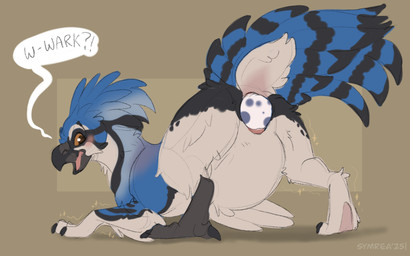 ambiguous_gender animal_genitalia beak belly big_belly blue_body blush cloaca egg egg_from_cloaca feathered_wings feathers feral genitals mid_transformation open_mouth oviposition solo tail tail_feathers transformation wings symrea avian bird 16:10 widescreen