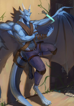 accessory anthro armor bag blue_body bottomwear claws clothing dagger fingers furgonomics holding_object holding_weapon horn leaning leaning_on_wall looking_at_viewer male melee_weapon pants scales solo tail tail_accessory tail_bag toe_claws topwear weapon wings fofffolfy mythology animal_humanoid dragon humanoid mythological_creature mythological_scalie scalie absurd_res digital_media_(artwork) hi_res