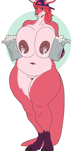 anthro areola backwards_hat big_breasts bodily_fluids breasts clothing container curvy_figure female fur genitals hat headgear headwear huge_breasts lactating milk milk_container nude nude_anthro pink_body pink_fur pouch_(anatomy) solo thick_thighs voluptuous vulva wide_hips slightlysimian juggz_(drinkspaintwater) kangaroo macropod mammal marsupial absurd_res hi_res