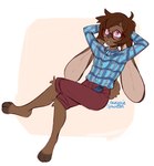 anthro barefoot bottomwear brown_body brown_fur brown_hair clothing eyewear feet fur glasses hair hand_behind_head looking_at_viewer lying male pink_eyes round_glasses shirt shorts simple_background solo topwear white_background indigo_cho lagomorph leporid mammal rabbit hi_res