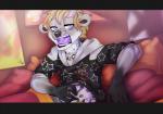 5_fingers anthro black_bars black_lips black_nose blonde_hair clothed clothing detailed_background fingers fur grey_body grey_fur hair lips male open_mouth purple_eyes purple_tongue solo teeth tongue rikitoka hyena mammal spotted_hyena