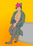 anthro beverage claws clothing coffee coffee_mug genital_piercing genitals hair humanoid_genitalia humanoid_penis male nude penis penis_piercing piercing pink_hair prince_albert_piercing robe simple_background solo mapdark ted_(mapdark) canid canine canis mammal wolf hi_res