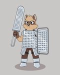 2021 anjing_kampuss anthro armor biped black_nose brown_body brown_fur cheese_grater fender frown fur furaffinity grey_background hi_res humanoid_hands humor lol_comments mammal mascot melee_weapon meme procyonid raccoon shield simple_background solo standing sword the_cheese_grater_image warrior weapon