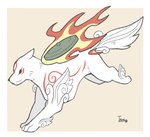 ambiguous_gender black_nose border eye_markings feral fire fur fur_markings head_markings markings red_markings side_view simple_background smile solo tail tan_background white_body white_border white_fur white_tail temitess capcom clover_studio okami_(capcom) amaterasu_(okami) canid canine canis mammal wolf 2017 absurd_res artist_name hi_res female_(lore)