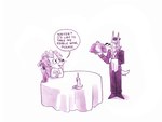 anthro candle chair clothed clothing duo female flower furniture male plant table text waiter twistcmyk twist_(twistcmyk) canid canine canis mammal wolf english_text hi_res