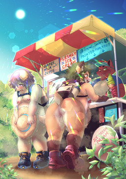 anthro backpack backsack balls belly bodily_fluids butt clothing dessert food footwear footwear_only genitals group ice_cream kemono male male/male moobs mostly_nude nipples nude outside public public_nudity shoes shoes_only slightly_chubby sweat trio iremi hi_res