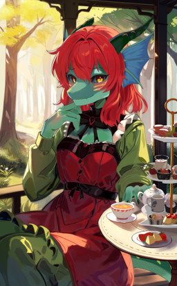 anthro breasts closed_smile clothed clothing container cup dress ear_fins female fin food forest front_view fully_clothed green_body green_scales hair horn looking_at_viewer mouth_closed pastry plant red_clothing red_dress red_hair scales sitting small_breasts smile solo tea_cup tree yellow_eyes kemo_yuki mythology inkh dragon mythological_creature mythological_scalie scalie absurd_res hi_res