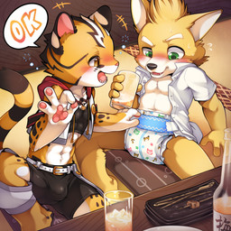 abs alcohol amber_eyes anthro belt beverage blush bodily_fluids bottomwear bulge chopsticks clothing countershading detailed_bulge dialogue diaper drinking drunk duo fur genital_outline glass green_eyes half-closed_eyes inside interspecies kemono male male/male narrowed_eyes navel open_mouth pattern_diaper pawpads penis_outline rubbing sake shirt shorts shota sitting spandex spandex_shorts spreading substance_intoxication sweat text tight_bottomwear tight_clothing tight_shorts topwear young young_anthro unrealplace mek_(harmarist) raier_(unrealplace) canid canine canis domestic_dog felid feline herding_dog leopard_cat mammal pastoral_dog prionailurus welsh_corgi 1:1 english_text
