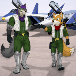 air_force aircraft airplane airport airwing anthro boots clothing duo fist_bump footwear fur gesture grey_body grey_fur hair jet male male/male military purple_hair shoes spacecraft uniform vehicle nicolasthewolf f-14 nintendo star_fox fox_mccloud canid canine canis fox mammal wolf 1:1 hi_res