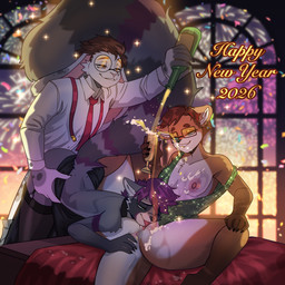 alcohol anal anal_penetration anthro anus areola bartender beverage bottomwear bottomwear_down breasts brown_body brown_fur brown_hair butt champagne cheek_tuft circle_eyebrows claws clothed clothing cocktail_dress collared_shirt countershading cunnilingus dress dress_shirt ear_piercing exposed_breasts eyebrows eyewear facial_piercing facial_tuft female fireworks fluffy fluffy_tail fur garter_straps genitals glasses grey_body grey_fur group hair highlights_(coloring) holidays legwear lip_piercing male male/female markings membrane_(anatomy) mmf_threesome multicolored_body multicolored_fur multicolored_hair necktie nipples oral otter_tail pants pants_down pantyhose partially_clothed party penetration piercing pouring purple_body purple_fur purple_hair purple_markings rabbit_ears rabbit_nose raccoon_tail red_highlights sequins sex shirt short_hair sparkles spread_legs spreading striped_arms striped_body striped_fur striped_legs striped_markings striped_tail stripes suspenders tablecloth tail tail_markings text tongue topwear trio tuft vaginal vulva waist_grab webbed_hands wet white_body white_fur window ghastlyfish new_year new_years_eve kainin riley_delmare tak_(thetak) lagomorph leporid mammal mustelid otter procyonid rabbit raccoon river_otter hi_res