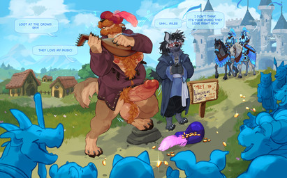 anthro ball_tuft balls beard big_balls big_penis blush body_hair bottomless bottomless_anthro bottomless_male castle chest_hair clothed clothed_anthro clothed_male clothing detailed_background embarrassed erection eyewear facial_hair feral genitals glasses group hat hat_feather hat_over_eyes headgear headwear humanoid_genitalia humanoid_penis knight loose_feather male male/male male_anthro overweight overweight_anthro overweight_male penis pubes sex speech_bubble step_position tail text tuft vein veiny_penis warrior wearing_glasses likanen mythology skylar_(terq) bear canid canine canis dragon equid equine felid feline horse hyena mammal mythological_creature mythological_scalie scalie wolf 2025 english_text hi_res