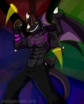 abs anthro biceps black_body black_scales black_skin clothing fangs glowstick glowsticking glowstringing green_eyes male membrane_(anatomy) membranous_wings muscular muscular_anthro muscular_male pecs purple_body rave scales shirt solo tail tank_top teeth topwear wings yellow_sclera crocdragon89 european_mythology mythology zeke_(crocdragon89) dragon mythological_creature mythological_scalie scalie western_dragon 2010