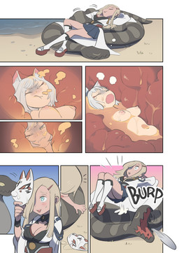 accessory ambiguous_feral ambiguous_gender ambiguous_pred animal_mask areola biped black_body black_clothing black_lips black_scales black_text black_topwear blonde_eyebrows blonde_hair blue_bottomwear blue_clothing blue_eyes blue_skirt blue_sky bodily_fluids bottomwear breasts burping burping_up_clothing cleavage clothed clothed_female clothed_humanoid clothing crying day death digestion disposal empty_eyes eyebrows eyelashes eyes_closed female female_human female_humanoid female_prey feral feral_pred flesh_fang footwear fox_mask fully_inside grass grey_body grey_scales grey_stripes group hair hair_accessory hairclip holding_mask humanoid_prey internal lips long_hair lying lying_on_another mask medium_breasts mouth_closed multicolored_body multicolored_scales nipple_dip nipples nude nude_female nude_humanoid on_back one_eye_closed open_mouth oral_vore outside pink_areola pink_inner_ear pink_nipples plant plantigrade pointy_ears prick_ears red_clothing red_footwear red_sandals robe sand sandals scales serpentine shoes skirt sky sleeping socks socks_with_sandals sound_effects stomach_acid striped_body striped_scales stripes tears text topwear trio two_tone_body two_tone_scales ventral_scales vore water white_clothing white_ears white_footwear white_mask white_robe white_socks yellow_eyes kinnni-chan azur_lane kaga_(azur_lane) animal_humanoid canid canid_humanoid canine canine_humanoid fox_humanoid human humanoid mammal mammal_humanoid reptile scalie snake 2025 absurd_res comic english_text hi_res right_to_left