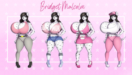 abstract_background anthro belt belt_buckle big_breasts black_hair boots bottomwear breasts buckle cleavage cleavage_cutout clothed clothing crop_top cutout denim denim_bottomwear denim_clothing denim_shorts dress female footwear fur grey_eyes hair high_heeled_boots high_heels huge_breasts hyper hyper_breasts keyhole_clothing long_hair long_pants markings midriff navel no_underwear pink_clothing pink_dress pink_footwear pink_shoes pink_topwear scottish shirt shoes short_tail shorts sneakers solo spots spotted_body spotted_fur tail topwear white_body white_clothing white_footwear white_fur white_shoes white_top white_topwear vanthi bridget_malcolm_(lildredre) canid canine canis dalmatian domestic_dog mammal hi_res