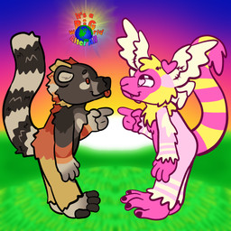 ambiguous_anthro ambiguous_gender anthro cute_fangs detailed_background duo fangs gesture hand_gesture head_wings outside pointing side_view standing sunset tail teeth tongue tongue_out unusual_wing_placement wings itsabigworldafterall lyre_(zanestittywindow) spirit_halloween_parking_lot_(thunderworks) lemur mammal primate ring-tailed_lemur strepsirrhine 1:1 2025 hi_res watermark