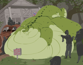 belly big_belly building clothing female feral green_body group house huge_belly male morbidly_obese obese outside overweight shirt sign thick_thighs topwear boot_(artist) alligator alligatorid crocodilian human mammal reptile scalie 2014
