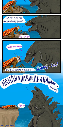 dialogue duo insect_wings laugh open_mouth sea sharp_teeth speech_bubble teeth text water wings kaiju-krew godzilla_(series) monsterverse mothra_(series) toho godzilla mothra arthropod insect kaiju lepidopteran moth 2021 absurd_res comic digital_media_(artwork) english_text hi_res
