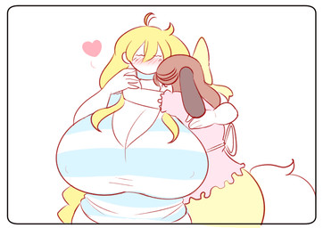 ahoge anthro big_breasts blonde_hair blush blush_lines bottomwear breasts brown_hair cleavage clothed clothed_anthro clothed_female clothed_human clothing duo eyes_closed female female/female frilly frilly_clothing hair heart_symbol hug huge_breasts hyper hyper_breasts nipple_outline pattern_clothing pattern_shirt pattern_t-shirt pattern_topwear pink_clothing pink_topwear shirt skirt striped_clothing striped_shirt striped_t-shirt striped_topwear stripes t-shirt tail topwear yellow_bottomwear yellow_clothing yellow_skirt theycallhimcake cassie_torbjornson holly_applebee canid canine canis domestic_dog human mammal 2016 digital_drawing_(artwork) digital_media_(artwork)