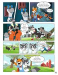 anthro bottomwear cape cheek_tuft clothed clothing detailed_background dialogue dipstick_tail duo eyewear facial_tuft feet_together footwear fully_clothed gloves_(marking) male markings speech_bubble tail tail_markings text tuft underwear pandapaco art_(pandapaco) biro_(pandapaco) canid canine canis domestic_dog fox human mammal procyonid raccoon comic english_text hi_res