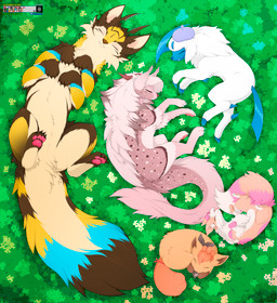 claws eyes_closed female feral fur group logo lying male on_back pawpads sleeping smile tail text toony kayasamix nintendo pokemon absol canid canine generation_3_pokemon mammal pokemon_(species) 2026 absurd_res colored detailed hi_res monochrome traditional_media_(artwork)