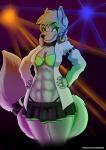 abs anthro belt bottomwear breasts claws clothing collar crowd ear_piercing electronics female fur green_eyes group headphones lights piercing rave skirt solo_focus underwear acethebigbadwolf dj_neon canid canine canis mammal wolf absurd_res hi_res