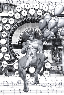 abs abstract_background anthro balloon biceps bulge cigarette claws detailed_background detailed_bulge eyebrows eyewear facial_hair facial_scar fur hair humanoid_hands inflatable male multicolored_body multicolored_fur muscular muscular_anthro muscular_male muscular_thighs musical_note musical_symbol navel nipples paws pecs pubes scar short_hair sitting solo sunglasses symbol thick_eyebrows two_tone_body two_tone_fur cocogo echo_(series) echo_project the_smoke_room william_adler canid canine canis coyote mammal 2024 greyscale hi_res monochrome