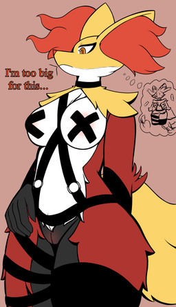 anthro areola arm_tuft big_breasts black_body black_fur breasts brown_background choker eyelashes female female_anthro front_view fur genitals inner_ear_fluff jewelry leather leather_strap necklace nipple_tape orange_body orange_eyes orange_fur orange_nose pasties pink_areola red_body red_fur shoulder_tuft simple_background solo straps tape text thick_thighs thought_bubble tuft vulva white_body white_fur wide_hips yellow_body yellow_fur rayleigh_fortune nintendo pokemon delphox generation_6_pokemon pokemon_(species) absurd_res hi_res