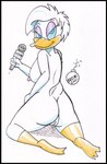 anthro biped blue_eyes breasts butt feathers female genitals hair looking_back nipples nude open_mouth pussy short_hair solo reddragonkan disney quack_pack daisy_duck anatid animal_humanoid anseriform avian avian_humanoid bird duck humanoid traditional_media_(artwork)