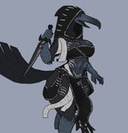 5_fingers anthro bandeau beak big_breasts biped black_body black_feathers breasts clothed clothed_anthro clothing curvy_anthro curvy_female curvy_figure dagger feathers female fingers grey_background grey_beak grey_body holding_dagger holding_melee_weapon holding_object holding_weapon hood hourglass_figure hourglass_figured_anthro hourglass_figured_female knife markings melee_weapon midriff monotone_body monotone_feathers non-mammal_breasts simple_background skimpy solo tail tail_feathers thick_thighs topwear weapon wide_hipped_anthro wide_hipped_female wide_hips artlegionary mornne_(artlegionary) avian bird corvid corvus_(genus) crow oscine passerine featureless_(disambiguation) hi_res portrait three-quarter_portrait