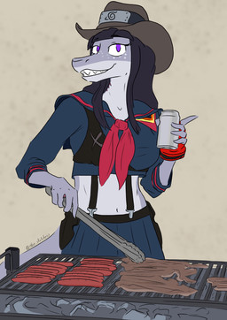 alcohol anthro beer beverage black_hair blue_bottomwear blue_clothing blue_skirt bottomwear breasts clothing cosplay female fingers food gills grey_body hair hat headgear headwear meat mexico non-mammal_breasts otaku purple_eyes roast_beef sausage shark_tail shark_teeth skirt solo ollie_sketchess kill_la_kill studio_trigger daniela_sanchez aquatic fish shark trans_(lore) trans_woman_(lore)