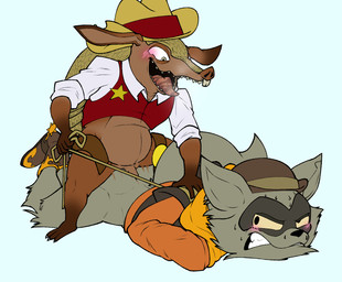 all_fours anal anal_penetration angry anthro anthro_on_anthro anthro_penetrated anthro_penetrating anthro_penetrating_anthro arms_tied arms_tied_behind_back belly belt blush bodily_fluids boots bottomless bound breath brown_body brown_skin buckteeth butt clenched_teeth clothed clothing cowboy cowboy_boots cowboy_hat dominant dominant_anthro dominant_male duo erection eyebrows facial_hair fangs feet footwear from_behind_position fur genitals grey_body grey_fur hat headgear headwear interspecies kerchief larger_male larger_penetrated larger_sub long_ears looking_at_another looking_at_partner looking_back looking_down looking_pleasured lying male male/male male_penetrated male_penetrating male_penetrating_male motion_lines on_front open_mouth open_smile partially_clothed penetration penile penile_penetration penis penis_in_ass pivoted_ears rope scales sex sharp_teeth sheriff sheriff_badge shirt shoes simple_background size_difference small_top_big_bottom smaller_male smile submissive submissive_anthro submissive_male sweat sweaty_face tail tan_body tan_scales teeth toes tongue tongue_out topwear white_background yellow_sclera doritomon sly_cooper_(series) sony_corporation sony_interactive_entertainment sucker_punch_productions tennessee_kid_cooper toothpick_(sly_cooper) armadillo mammal procyonid raccoon xenarthran 2023 hi_res