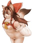 alternate_species anthro breasts brown_hair clothed clothing female female_anthro fluffy fluffy_tail furrification hair kemono looking_at_viewer nipples partially_clothed simple_background solo tail underwear white_background yellow_eyes hawthorn touhou reimu_hakurei canid canine mammal hi_res portrait three-quarter_portrait