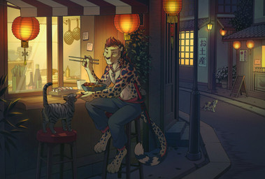 ambiguous_feral ambiguous_gender anthro awning barefoot biped bottomwear chopsticks claws clothed clothing detailed_background duo_focus feet feral food fur group hair japanese jewelry lamp lantern male male_anthro melee_weapon necklace offering_food pants paper_lantern paws pendant plant quadruped red_hair restaurant sitting sitting_on_stool spots standing sushi sword tail tan_body tan_fur toe_claws topless topless_anthro topless_male trio urban weapon yellow_eyes ango76 cheetah domestic_cat felid feline felis mammal 2026 digital_media_(artwork) hi_res