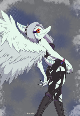 abstract_background amber_eyes anthro black_boots black_bottomwear black_clothing black_crop_top black_footwear black_pants black_shirt black_topwear blue_body bone_frill boots bottomwear breasts butt clothed clothed_anthro clothed_female clothing collar crop_top elbow_feathers feathered_wings feathers female fingers footwear frill_(anatomy) furgonomic_bottomwear furgonomics grey_hair hair humanoid_hands knee_boots knee_highs legwear long_hair looking_at_viewer low-angle_view markings medium_breasts non-mammal_breasts pants pose shirt shoes short_tail side_view smile solo spiked_collar spikes standing striped_markings stripes tail text topwear torn_bottomwear torn_clothing torn_pants wings louiss. cavemanon_studios goodbye_volcano_high ko_op_(game_developer) snoot_game fang_(gvh) prehistoric_species pterosaur reptile scalie artist_name colored digital_media_(artwork) hi_res shaded spanish_description
