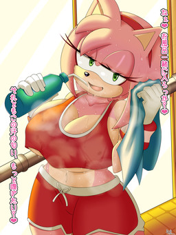 5_fingers accessory alternate_breast_size alternate_costume anthro athletic athletic_female bedroom_eyes big_breasts black_nose bodily_fluids breasts clothed clothed_anthro clothed_female clothing collarbone countershade_torso countershading exercise eyelashes female female_anthro fingers fully_clothed fully_clothed_anthro fully_clothed_female gloves green_eyes hair_accessory hairband handwear heart_symbol huge_breasts looking_at_viewer narrowed_eyes navel open_mouth open_smile pink_body pink_quills pupils quill_hair red_hairband seductive small_nose smile smiling_at_viewer solo sportswear sweat sweatdrop text towel under_boob wearing_gloves white_clothing white_gloves white_handwear workout saeki_makai sega sonic_the_hedgehog_(series) amy_rose eulipotyphlan hedgehog mammal 2026 3:4 absurd_res digital_media_(artwork) hi_res japanese_text signature
