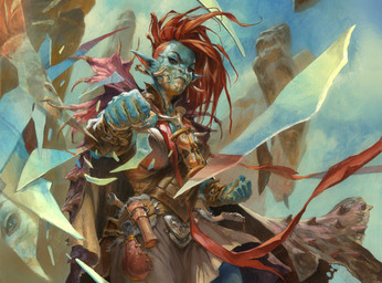 breasts cape clothing cloud day ear_piercing female fist green_body hair humanoid_pointy_ears jewelry looking_at_viewer not_furry outside pendant piercing pointy_ears pouch_(clothing) red_hair solo jesper_ejsing hasbro magic:_the_gathering wizards_of_the_coast humanoid orc 2020 hi_res official_art traditional_media_(artwork)