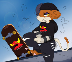 anthro beanie black_nose bottomwear brown_body brown_fur brown_tail_tip calico_pattern clothed clothed_anthro clothed_female clothing denim denim_bottomwear denim_clothing dipstick_tail female fully_clothed fully_clothed_anthro fully_clothed_female fur grey_body grey_fur hat headgear headwear heart_symbol hearts_around_head jeans logo_on_clothing logo_on_hoodie logo_on_topwear looking_at_viewer markings outside pants pawpads pink_pawpads skate_park skateboard solo tail tail_markings text thin_tail torn_bottomwear torn_clothing torn_jeans torn_pants vehicle white_tail yellow_eyes guzzlord420 epic_games fortnite fortnite:_battle_royale toy_machine meow_skulls calico_cat domestic_cat felid feline felis mammal 2025 digital_drawing_(artwork) digital_media_(artwork) english_description english_text hi_res
