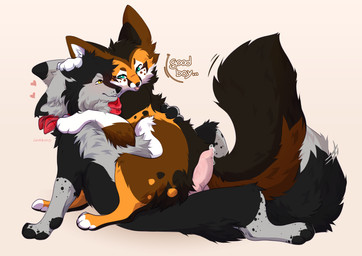 animal_genitalia animal_penis big_ears big_tail blush bodily_fluids canine_genitalia canine_penis cuddling duo feral feral_on_feral fur genital_fluids genitals good_boy heart_symbol hot_dogging kerchief knot leaking_precum male male/male markings penis precum sex spots spotted_body spotted_fur tail warrms kai_(ferretbyte) blanford's_fox border_collie canid canine canis collie domestic_dog fox herding_dog mammal pastoral_dog sheepdog true_fox hi_res