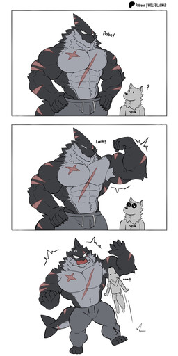 4_toes 5_fingers abs angry anthro arm_scar barefoot biceps big_muscles black_body black_claws black_fur bottomwear chest_scar claws closed_smile clothed clothed_anthro clothed_male clothing countershade_face countershade_fur countershade_neck countershade_tail countershade_torso countershading cross-popping_vein dialogue duo eye_contact feet fin fin_scar finger_claws fingers fish_tail flexing flexing_bicep fur furrowed_brow glistening glistening_eyes grey_body grey_bottomwear grey_clothing grey_countershading grey_fur grey_pants hand_on_hip hand_on_own_hip hands_on_hips hands_on_own_hips head_fin huge_muscles jumping looking_at_another male motion_lines mouth_closed multicolored_body multicolored_fur muscular muscular_anthro muscular_male narrowed_eyes nom onomatopoeia open_mouth pants pants_only patreon_logo patreon_username pecs scar shirt simple_background simple_eyes smile sound_effects tail tail_scar text toes topless topwear two_tone_body two_tone_fur white_background white_eyes x_scar wolfblack43 patreon canid canine canis domestic_dog fish furred_shark mammal marine shark 2025 absurd_res artist_name comic digital_drawing_(artwork) digital_media_(artwork) hi_res